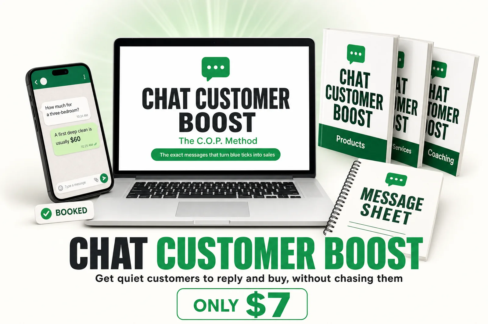 Chat Customer Boost: the three guides, the Message Sheet and a chat that ends in a booking
