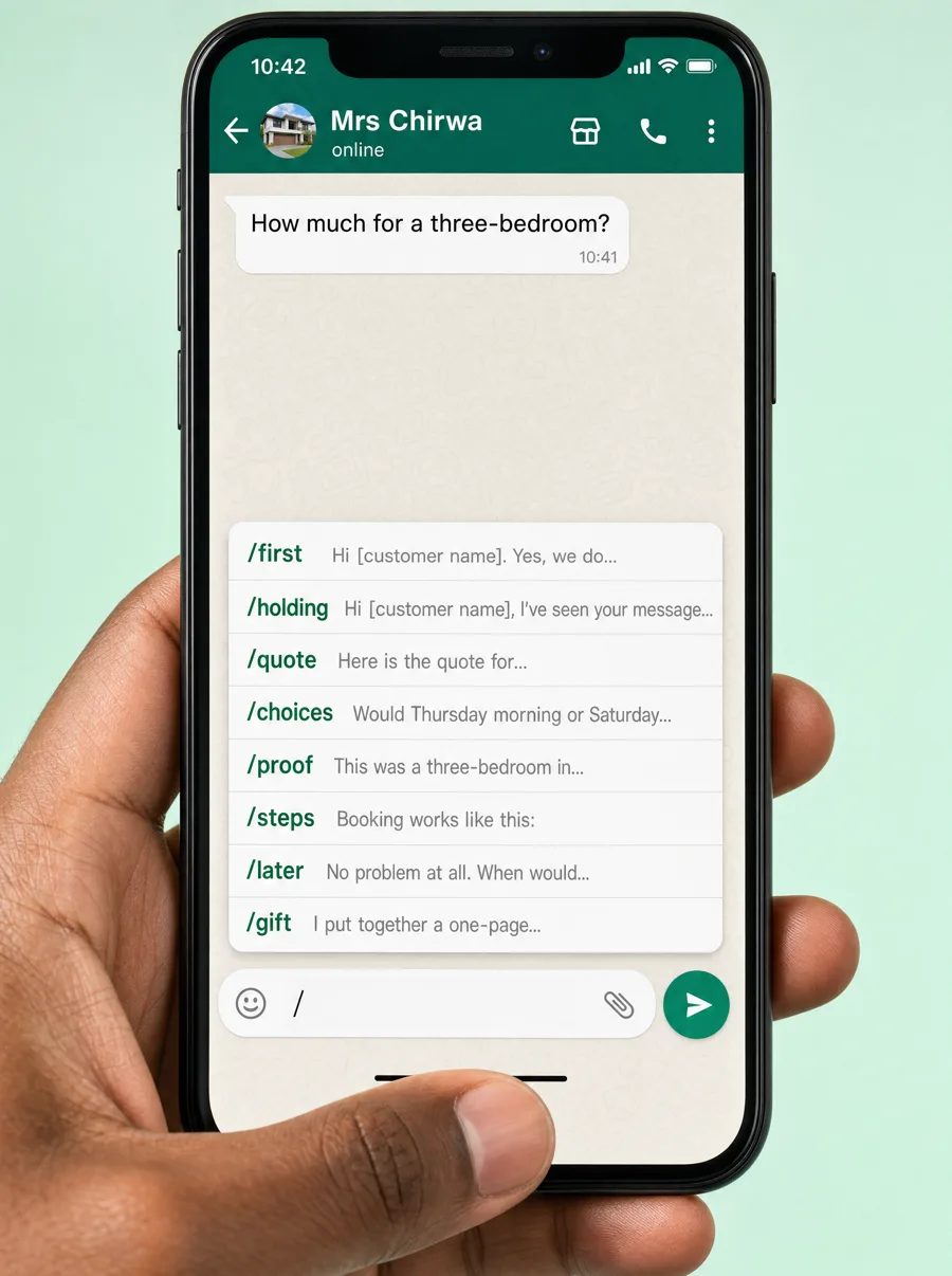 Saved replies open in a WhatsApp Business chat